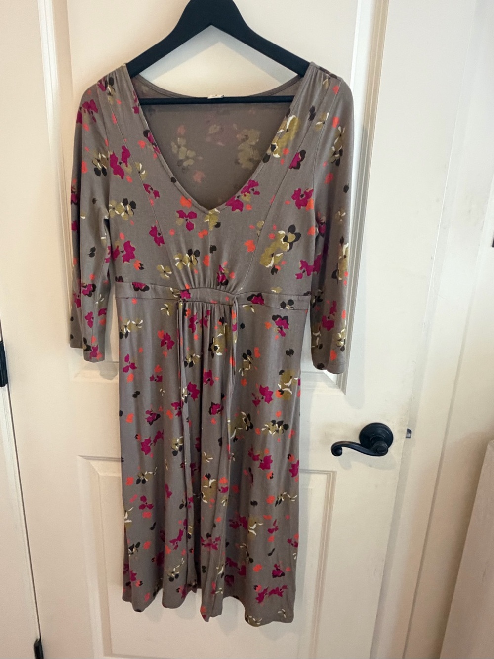 Old Navy Taupe Floral V-Neck Long Sleeve Dress with Pink & Gold Flowers